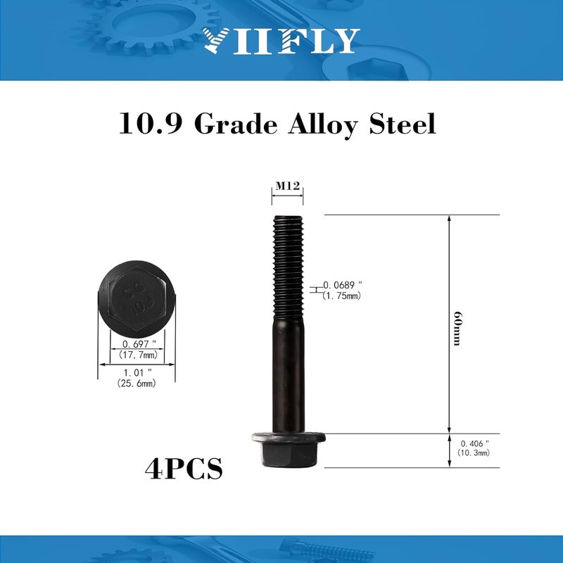 YIIFLY M12 x 60mm Flanged Hex Head Bolts Flange Hexagon Screws, M12x1.75 Bolt, 10.9 Grade Alloy Steel, Hexagon Head Bolts, Black Zinc Finish, Half Thread, Quantity 4 - Image 3